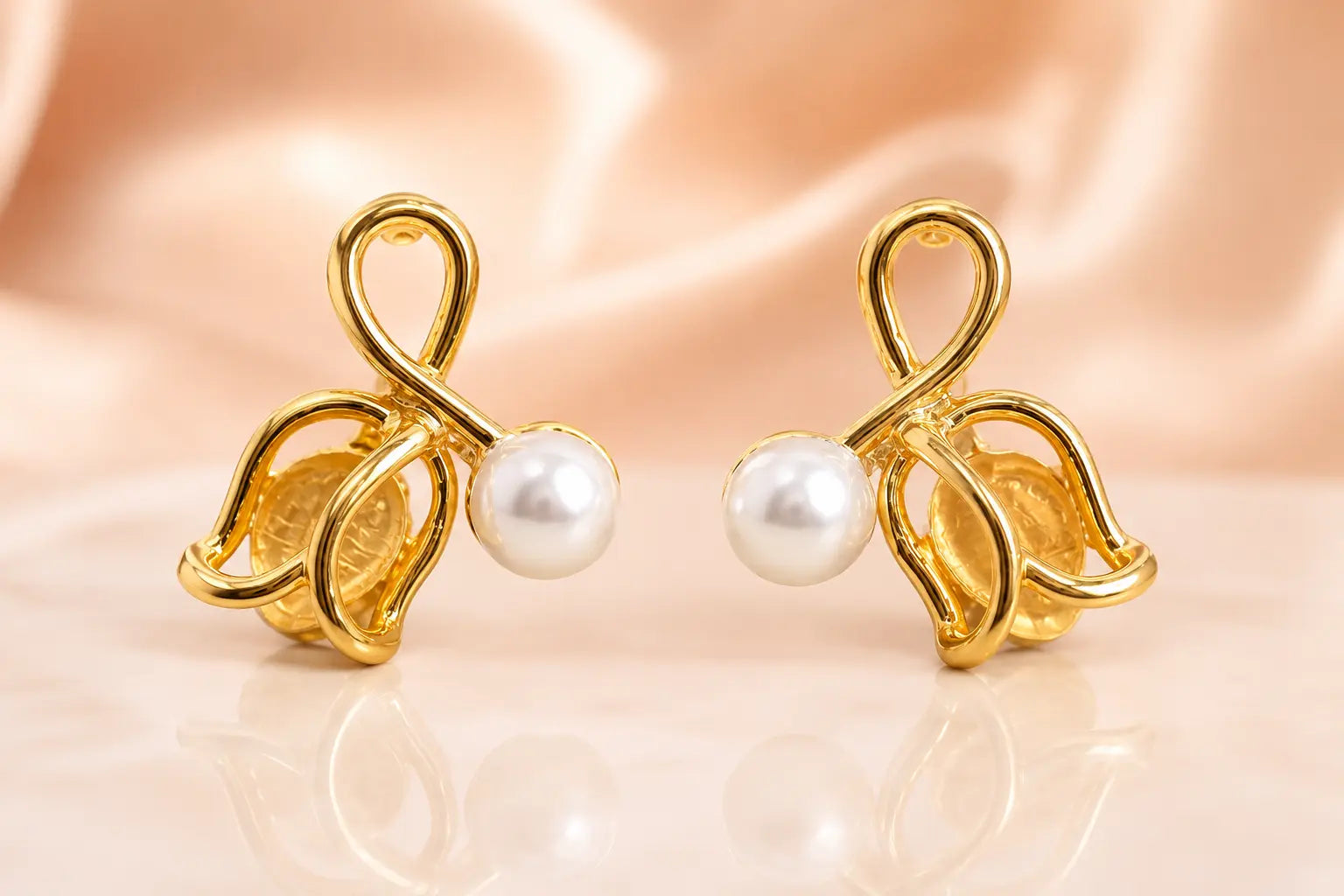 Golden Pearl Bow Knot Stud Earrings